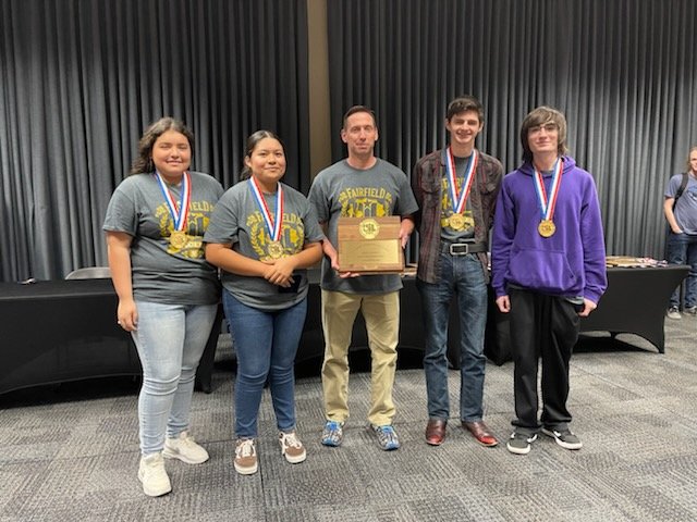 Big Congrats to Mr. Davis, Nathan Dunlap, Jeremy Kilkenny, Carolina Limones, Cameron Cockerell, and Itzel Rosales! #UIL State Champion 3A Computer Science Team!🏆🏆🏆🦅🦅🦅 @fairfield_hs <a href="/FairfieldISD/">Fairfield ISD</a>