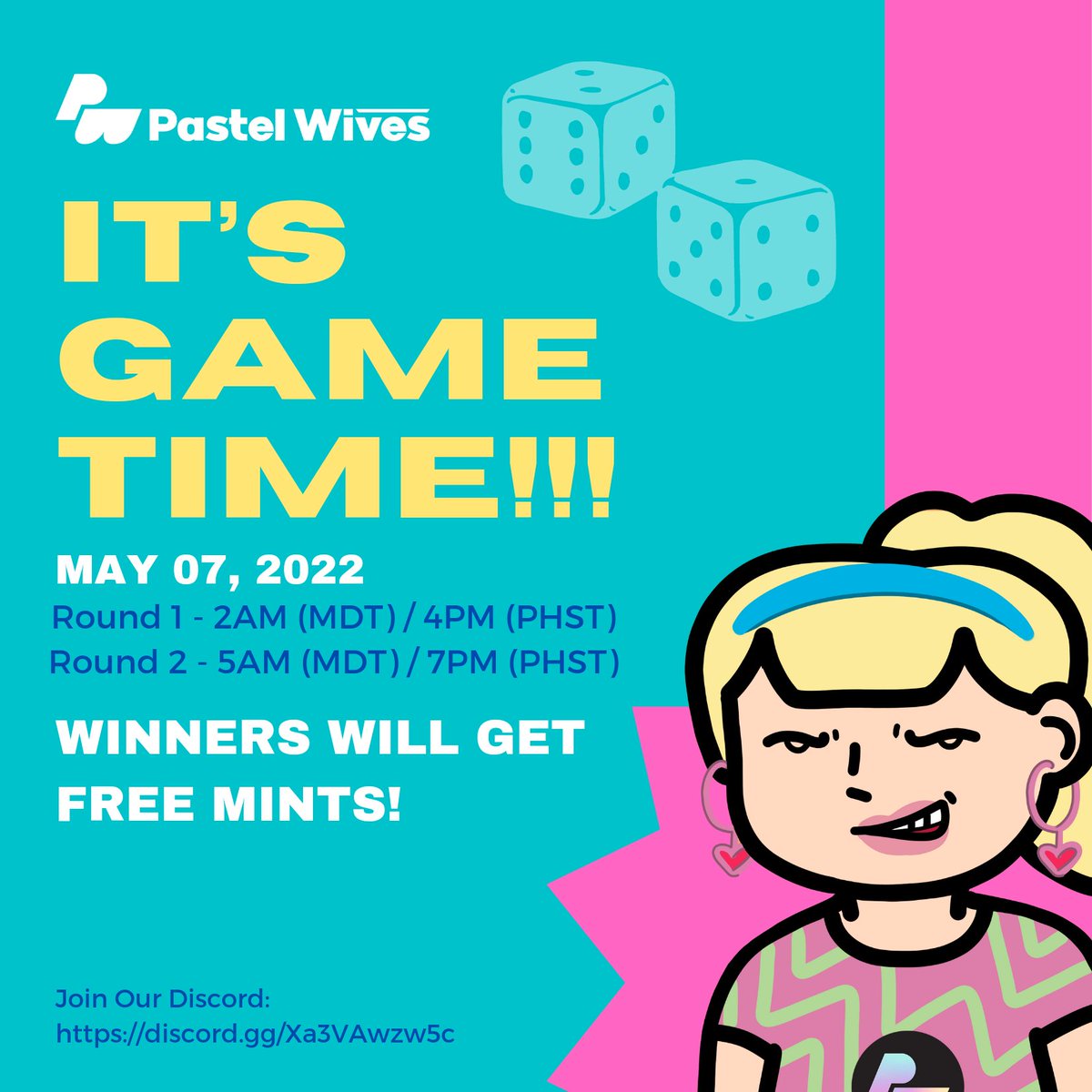 pastelwives2022's tweet photo. Heads Up, Pastels! 
🔥 FREE MINT 🔥

Join the game later and win Free Mint! May 07, 2022!
2 rounds = 2 Free Mints!

‼️Note: Maximum of 1 Free Mint per Member‼️

Game will be held here in Discord channel # general-chat 
Good luck! 🔥

Join here  https://t.co/Pq8LRfYkBG 
#nft #NFTs https://t.co/qacjHAtKHv