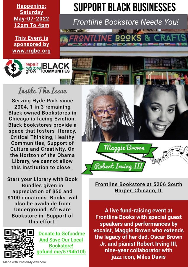 Sat 5-7-22 noon to 4:00 PM. Stop by Frontline Bookstore @ 52nd and Oscar Brown Jr. Way also known as Harper St.
We will bring musical support to raise funds and awareness in support of Black business, literacy &amp; culture.