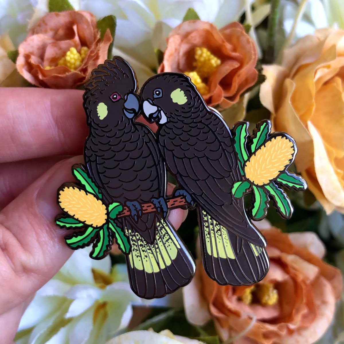 Yellow-tailed Black Cockatoos 🖤💛 we are lucky to have these beauties in our area, you can hear their flock calls for miles! Check our whole collection of Wild Cockatoo pins in our shop! . Hyperfinch.com