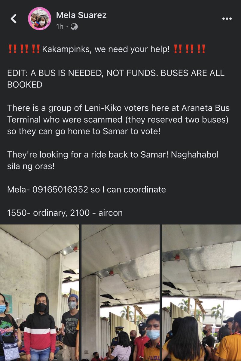 I saw this post on Facebook just now, Twitter people do your thing~ 

‼️‼️‼️Kakampinks, we need your help! ‼️‼️‼️

EDIT: A BUS IS NEEDED, NOT FUNDS. BUSES ARE ALL BOOKED

#LetLeniLead2022 
#LetLeniKikoLead2022
#Ipana7oNa10ParaSaLahat
#KulayRosasAngBukas 
#MakatiIsPink