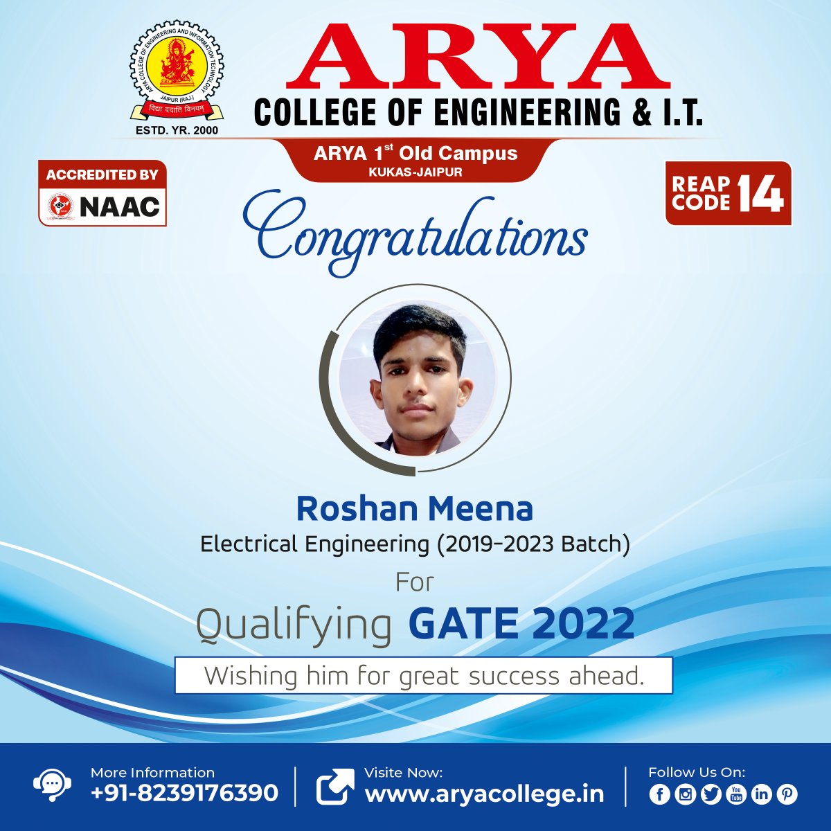 aryacolleges's tweet photo. Congratulations to Roshan Meena (Electrical Engineering 2019-23 Batch) for Qualifying #Gate2022. Wishing him for Great success ahead.
For any admission Feel free to contact us. +91 8239176390 or Visit: https://t.co/h9GSBQrDkH
#AryaCollege #Gate #GateQualified #Gate2022 #aceit https://t.co/B5MtKw5NS7