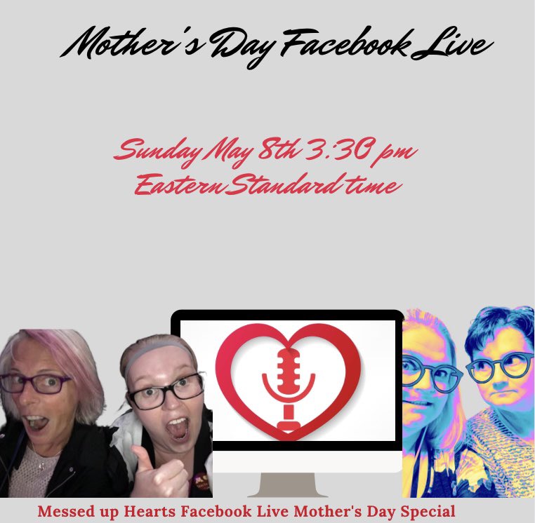 MessedUpHearts's tweet photo. Join us on Sunday May 8th at 3:30 pm Eastern time for a Special Mother’s Day Facebook Live with Laura and Amanda with their moms. 

🚨 Please put any questions in comments so we can answer them on our live. ❤️💙 @halfhearthoagie @LifeWithCHD #chd #CardioTwitter https://t.co/u4QxYbQUGR