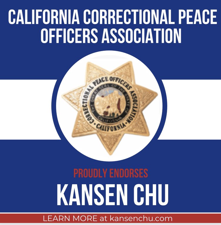 KansenChu's tweet photo. I’m honored to have received the endorsement of the CA Correctional Peace Officers Association. I also believe in this organization’s mission of making our community safer through improved career training, and am excited to work with and along the CCPOA. #KansenChuforAssembly2022 https://t.co/MgfnuRw9hq