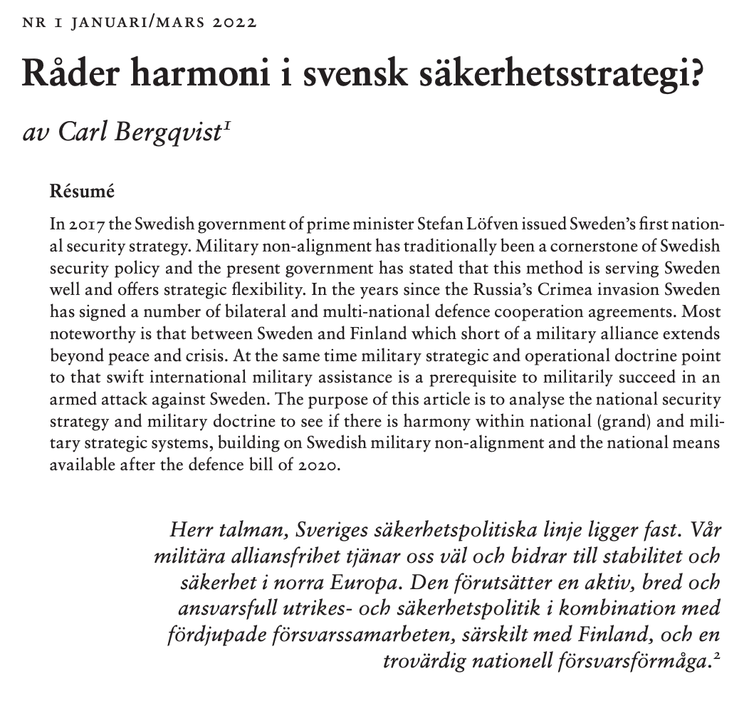 wisemanswisdoms's tweet image. Nu finns min artikel ”Råder harmoni i svensk säkerhetsstrategi?” tillgänglig för alla (skriven dec 2021).
Tjänar alliansfrihet och försvarssamarbeten oss väl eller blir de en sårbarhet?
kkrva.se/hot/2022:1/ber…