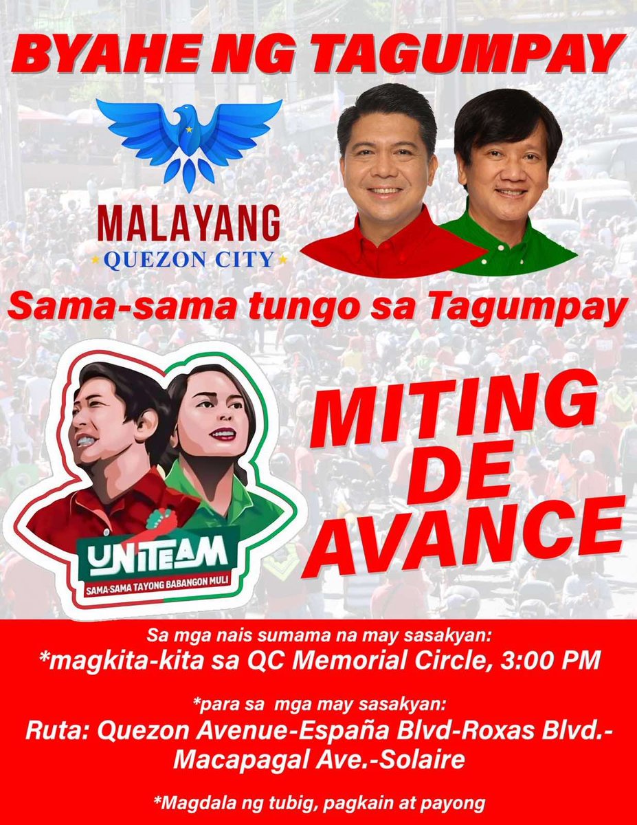 mike_defensorQC's tweet photo. Mga lodi, kung pupunta kayo nang may sariling sasakyan, kita-kits sa QC Memorial Circle ngayong 3PM,sabay-sabay na tayong magtungo kasama ng buong Malayang QC sa Solaire grounds para sa UNITEAM MITING DE AVANCE.
#mikedefensor2022
#4QCMayorMikeDefensor
#BBMSaraUNITEAM 
#MalayangQC https://t.co/cDk87sziCD