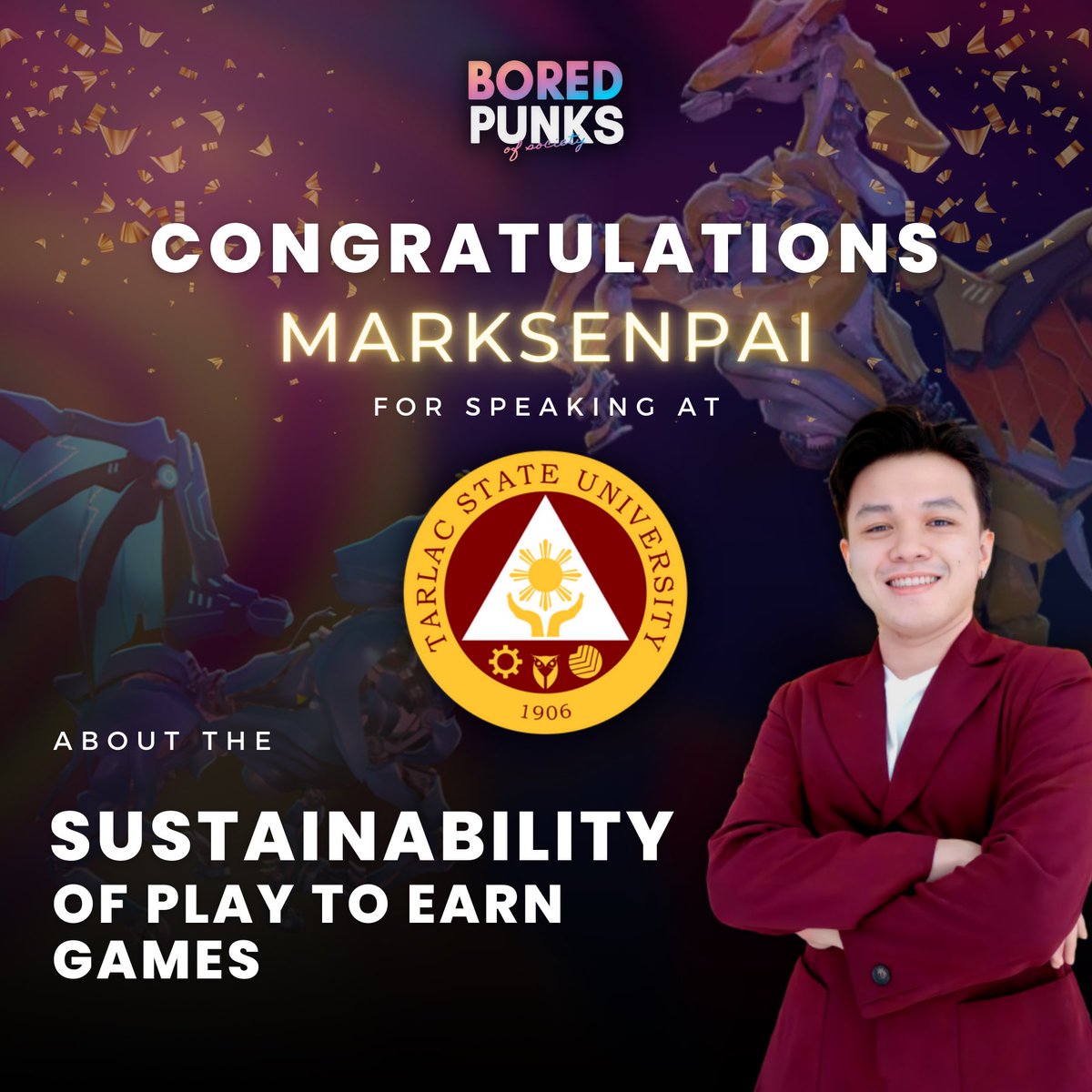 boredpunksoc's tweet photo. Congratulations to our very own educator, MarkSenpai, for being a speaker at Tarlac State University! He tackled about The Sustainability of Play-to-Earn Games!

Another win for the community! Let’s go Bored Punks! 🥳

We educate, invest, and thrive.
We are #BPOS 🇵🇭 https://t.co/gQfZxzYaeu