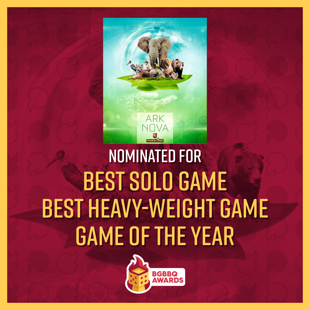 Congratulations to Ark Nova for being nominated in the Best Solo Game, Best Heavy Game, and Game of the Year categories in this year's Board Game BBQ Awards!
Designer: Mathias Wigge
Publisher: @capstone_games