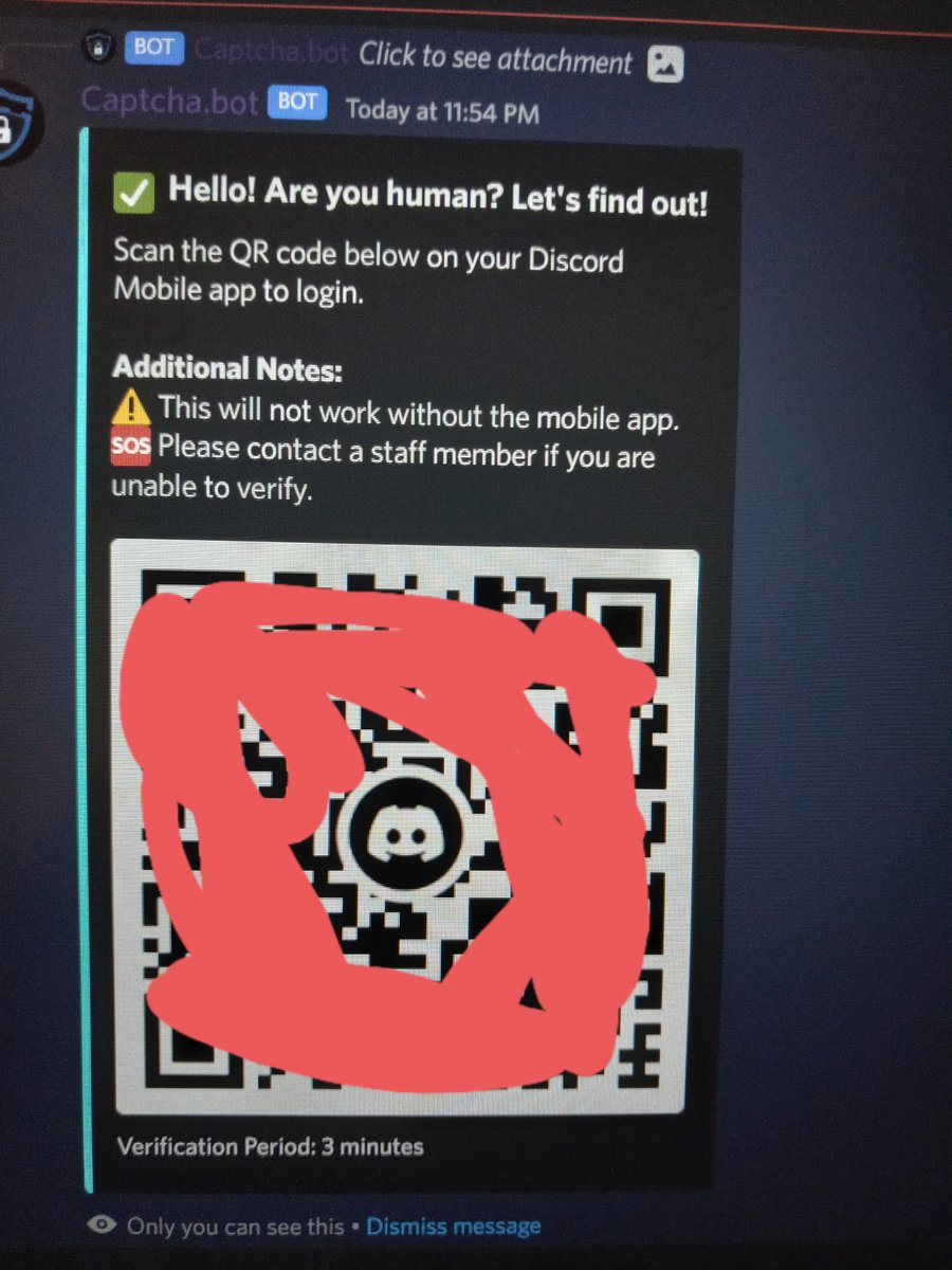 Important PSA to discord users right now. A new malicious server is spreading called "cyborgsociety". If you see a message that looks like this, and join it, you'll be taken to a server with only a verification option. If you scan the QR code, your account will be hijacked.