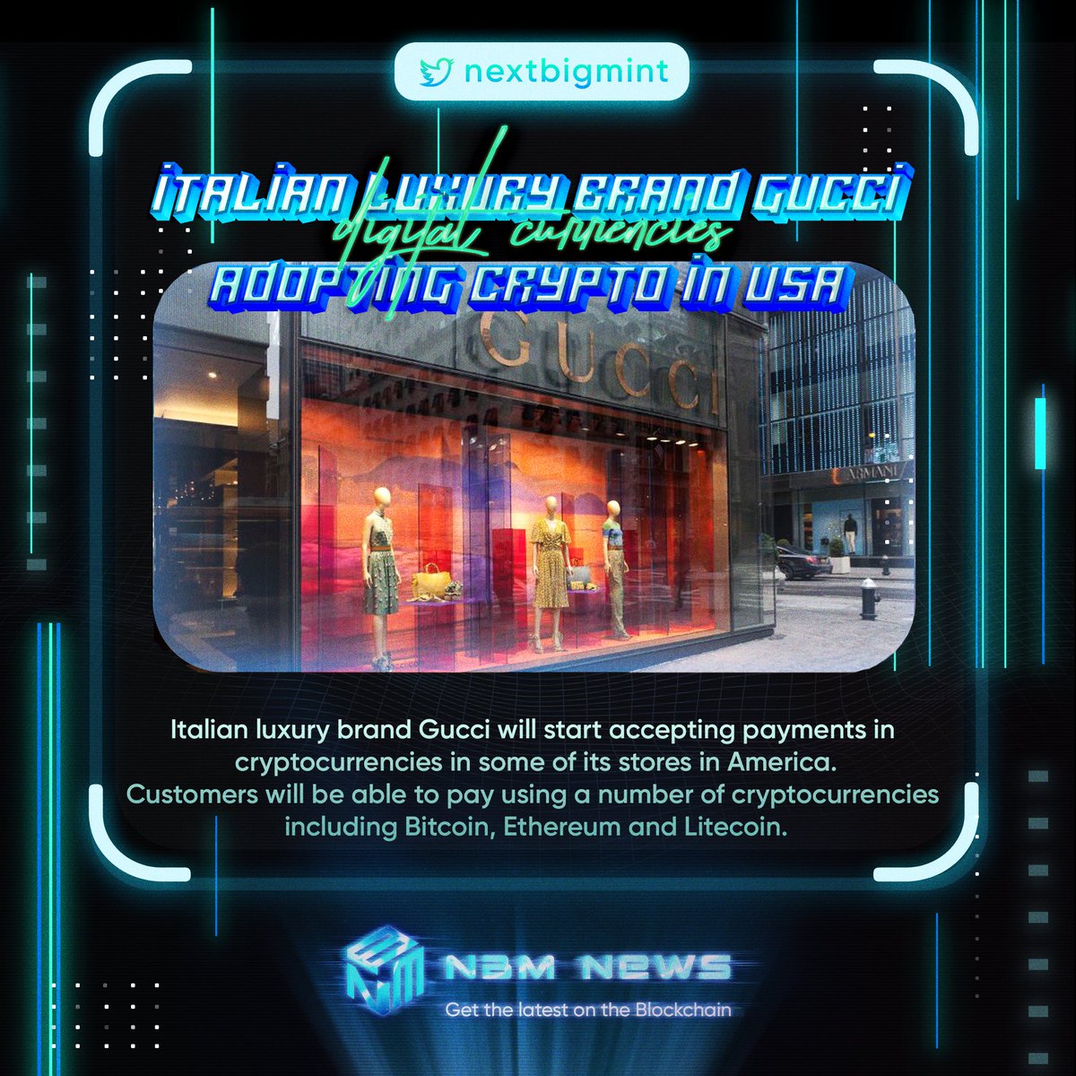 One of the well-known luxury brands in the world <a href="/gucci/">gucci</a> is going to the next level as the company announced that it will take #cryptocurrency as payment such as #Bitcoin, <a href="/ethereum/">Ethereum</a>, and <a href="/litecoin/">Litecoin</a>! 

Read:
bbc.in/39JoYBn

#NextBigMint #CryptoNews #Gucci #DigitalAssets
