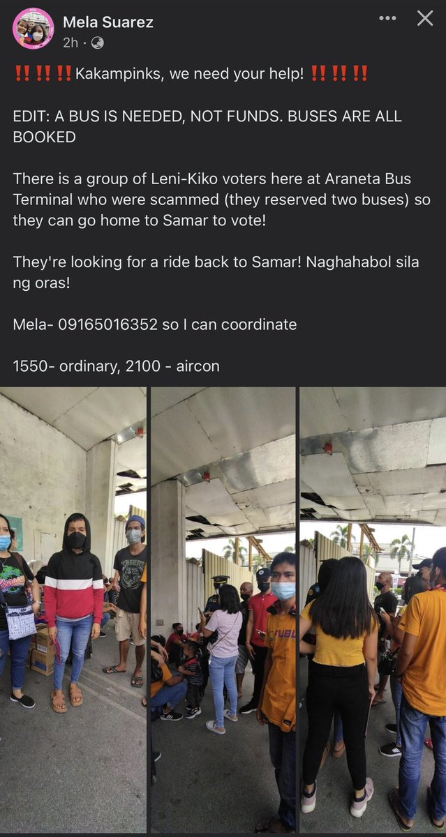 ccsediaren's tweet image. ‼️ 🌸 Kakampink Twitter, do your thing!! 🌸‼️

There is a group of Leni-Kiko voters at Araneta Bus Terminal who were scammed (they reserved 2 buses)

They're looking for busses to head back to Samar to vote! See photo for deets

#Ipana7oNa10ParaSaLahat #LeniKiko2022 #MakatiIsPink