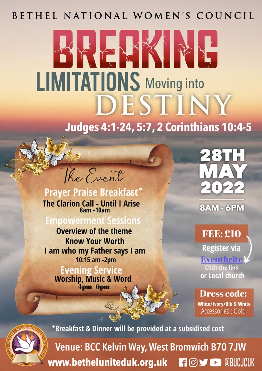 bucjcuk's tweet photo. Bethel National Women’s Congress
28th May 2022, 8am-6pm

Theme: Breaking Limitations, Moving into Destiny

Venue: BCC Kelvin Way, West Bromwich B70 7JW
Fee: £10

Early Bird prices till 14th May

Book online eventbrite:
https://t.co/GnLZOFYLOO

#BETHELWOMEN
#BethelUK
#BethelNation https://t.co/eiMjSzCab2