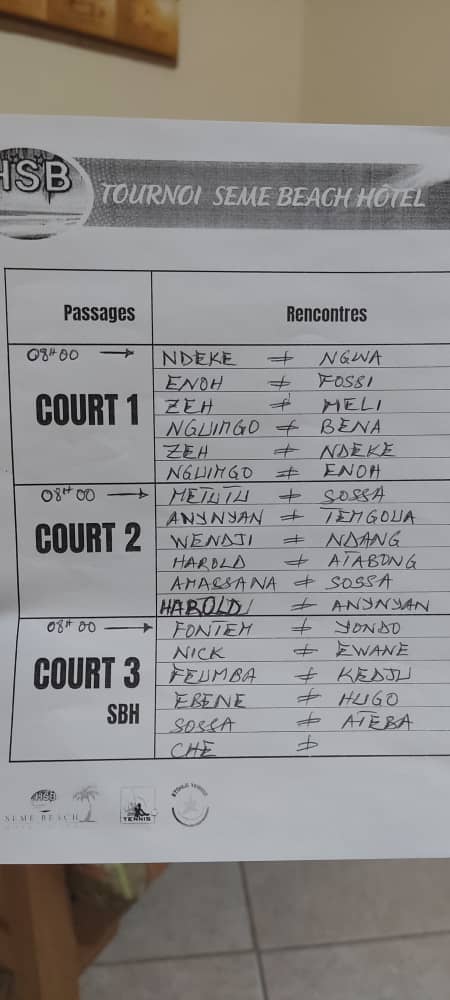La première édition du Tournoi de Tennis Seme Beach hôtel sera lancée dans quelques heures.
Les vétérans (+35 ans) vont jouer en Poules alors que les jeunes vont jouer en tableau direct. 
Courts 1 et 2 : Vétérans au club SS BOTA
Court 3: Seme Beach hôtel