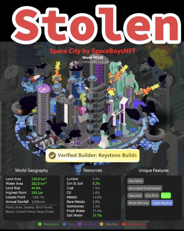 SpaceBoysNFTs's tweet photo. Our SPACECITY was STOLEN!!
It is unbelievable that such humans would let this @nftworldsNFT be "easily stolen" but also RUG the remaining of the Community Funds!!

If anyone know's how to recoup a stolen #nftworlds, please dm us🙏 We are appreciative of any help. 

Cont'd 👇
1/4 https://t.co/cQHu06QBqb