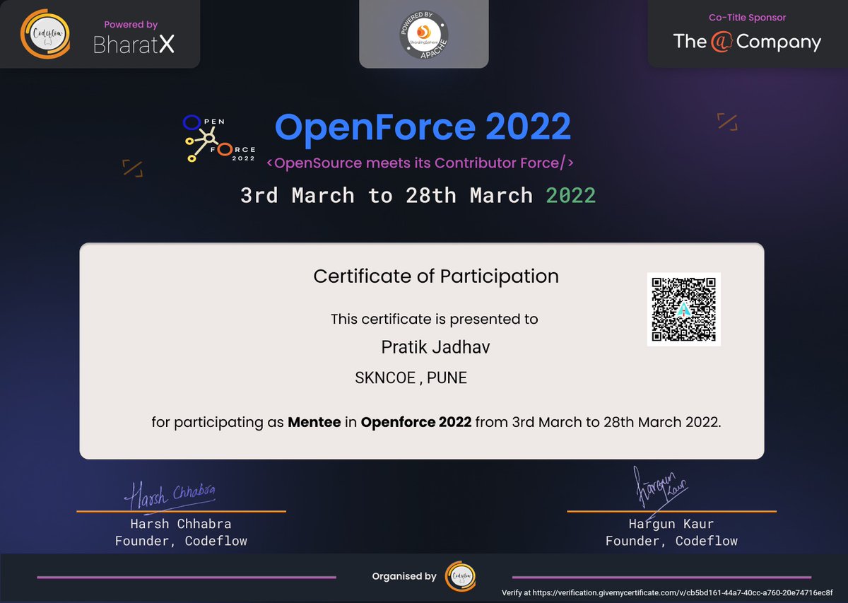 PratikJadhavv's tweet image. Thank you @codefloworg  to give me this opportunity. 
I'm always interested in OpenSource Contribution.
OpenForce 2022 was really nice, I learnt a lot from it.
thank you @hargunkaur008   for amazing Mentorship.
looking forward to grab more opportunities.
#codeflow  #openforce2022