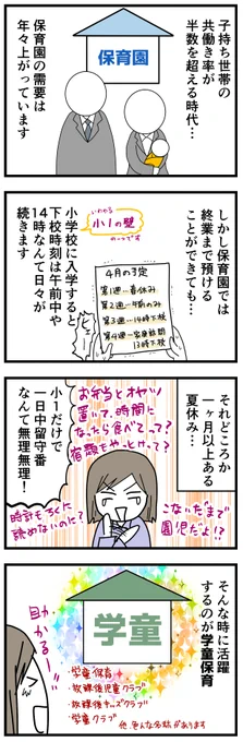 学童を見学して決めるまで1/2
インスタの方でコメント色々いただいたんですけど、地域によっては無料だったり何万円もしたり、年少さんの時から予約しないと入れないとか、少子化で利用人数が減ってなくなったとか、ボランティアさんがやってるとか、本当に様々みたいです。
#育児漫画 #学童 #小1の壁 