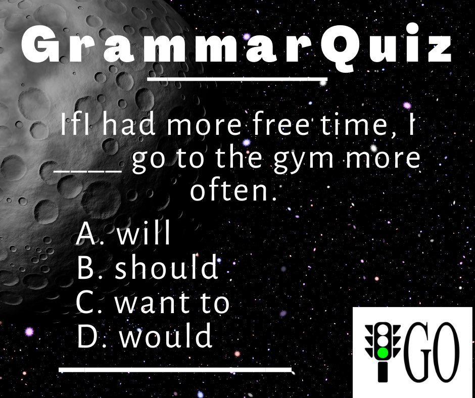 Go_English_'s tweet photo. Grammar quiz!
What's your answer? 🤓 

Follow Go English on YouTube for more: https://t.co/NsCY2AY5Ya

#English #StudyEnglish #ingles #anglais #toeic #toefl #ielts #英語 #英語の勉強 #英語学習 #英検 #Englishgrammar https://t.co/CCpTnB91GI