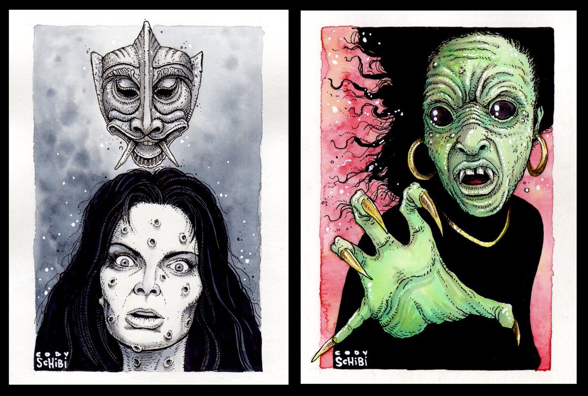 Here are the two paintings I did tonight during #TheLastDriveIn’s witchy double feature of BLACK SUNDAY and DEF BY TEMPTATION.
Yet another fun night &amp; THANKS to everyone of you enjoying these little pieces I do during the show…We have 8 more Fridays left!🤘😘💚
#TheLastDrawIn