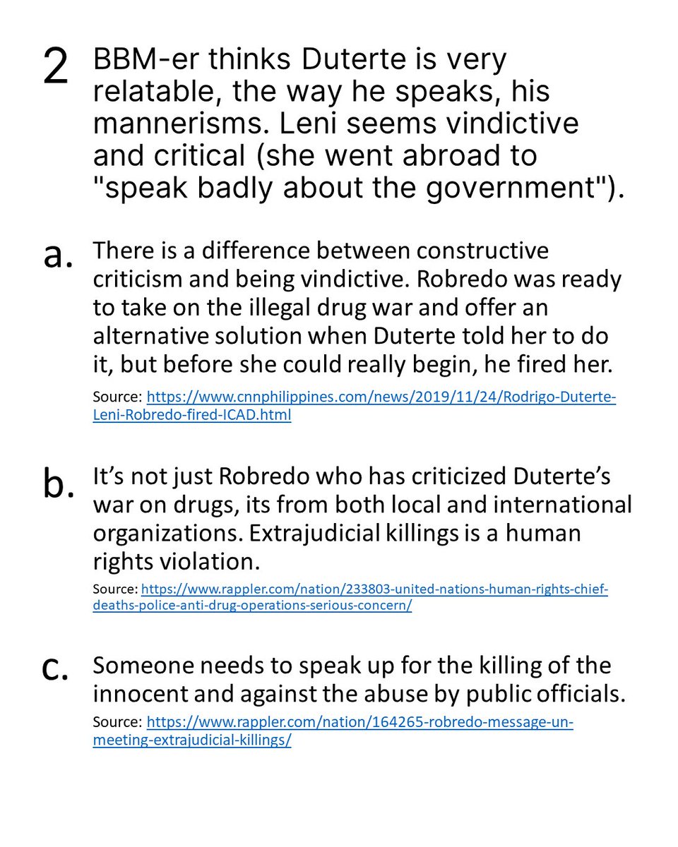 LiliOfficial__'s tweet photo. 2) BBM-er thinks Duterte is very relatable… the way he speaks, his mannerisms. Leni seems vindictive and critical (she went abroad to “speak badly about the government”). But why? See image: https://t.co/YPa7z3CKrF