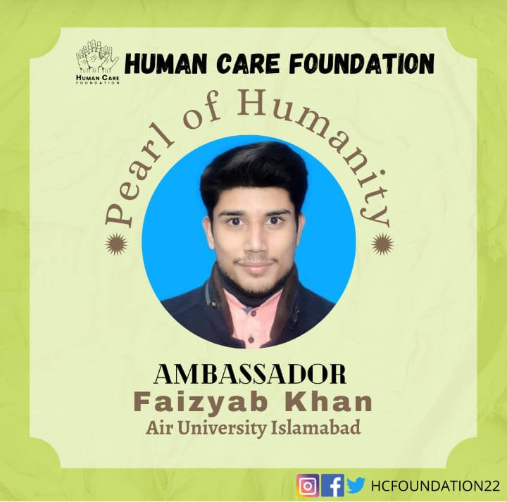 HCFoundation22's tweet photo. Congratulations🎉  We are proud to announce that @faizyabkhan from the Air University Is selected as ambassador of human care foundation for coming tenure.
Be part of your university team.
WhatsApp no: 03445181514
#hcf #airuniversity #airambassador
#airteam #airvolunteers https://t.co/2fx7p7qaYv
