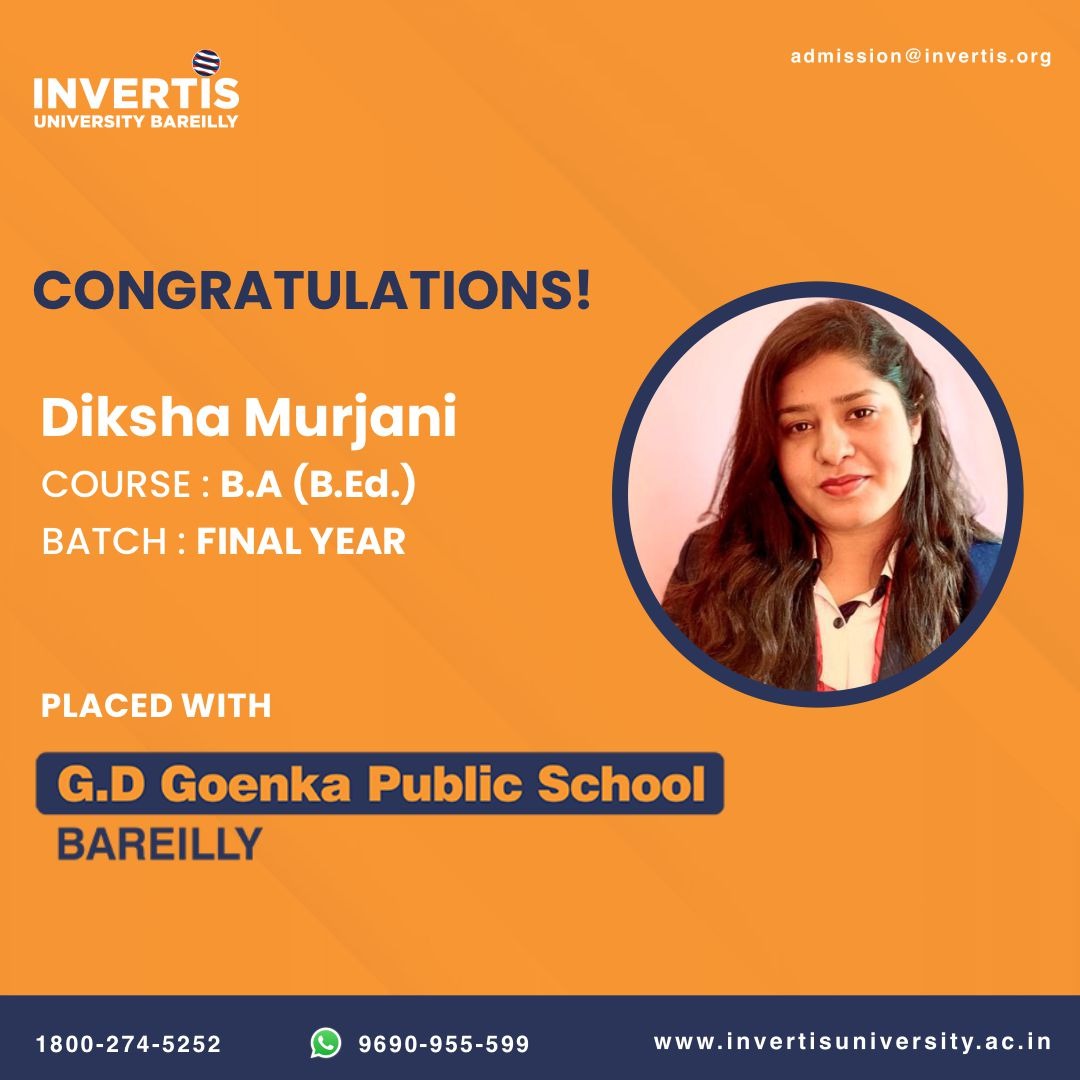 InvertisUni's tweet photo. Congratulations Diksha Murjani and well done. We are very proud to call you our student and wish you the best for your future.
#gdgoenka #appreciated #bedstudent #campusplacement #admission2022 #admissionsopen #expectmore #bareilly #lifeatinvertis #invertisuniversity https://t.co/U9Ul3qsVE5