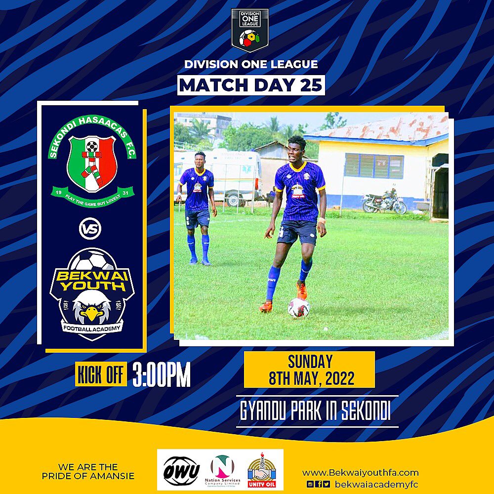 nationsfcgh's tweet photo. Match Day ( Away )
π | @SekHasaacas
ποΈ | Gyandu Park (Sekondi)
π | Division One League 2021/22
π | Sunday, 8th May, 2022
β | 3:00pm
The Eagle π¦
Is Home #BYFA
#byfahasaacas #prideofamansie #football #ghana #bekwai #byfa #bekwaiyouth #amansie https://t.co/X0DqsfECNH