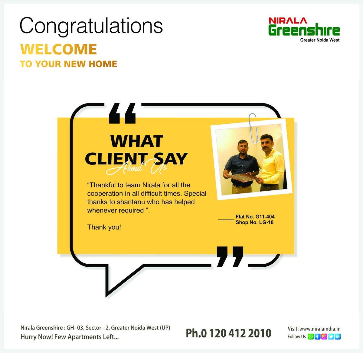 IndiaNirala's tweet photo. Hurry Up ! For Booking Call Now : +919971773200
Nirala Greenshire at Greater Noida West 
Ready to Move, 2/3 BHK Apartments Available
 #niralaindia #greenshire #GreaterNoida #apartments #ReadyToMove #customersatisfaction #whatclientsayaboutus #customerfeedback #customerexperience https://t.co/uKEKJHn8cB
