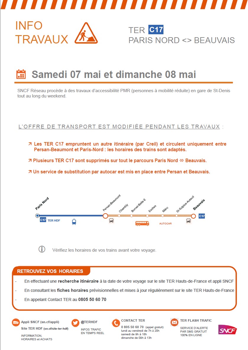 TERHDF's tweet photo. 🚧 Ligne Paris ↔ Beauvais

Ce week-end, les TER C17 empruntent un autre itinéraire, via Creil, entre Paris et Persan-Beaumont. Des cars sont mis en place entre Persan-Beaumont et Beauvais.

Certains TER C17 ne circulent pas. 

 📲 Horaires sur le site TER et l’appli SNCF. https://t.co/0sJPprpX8P