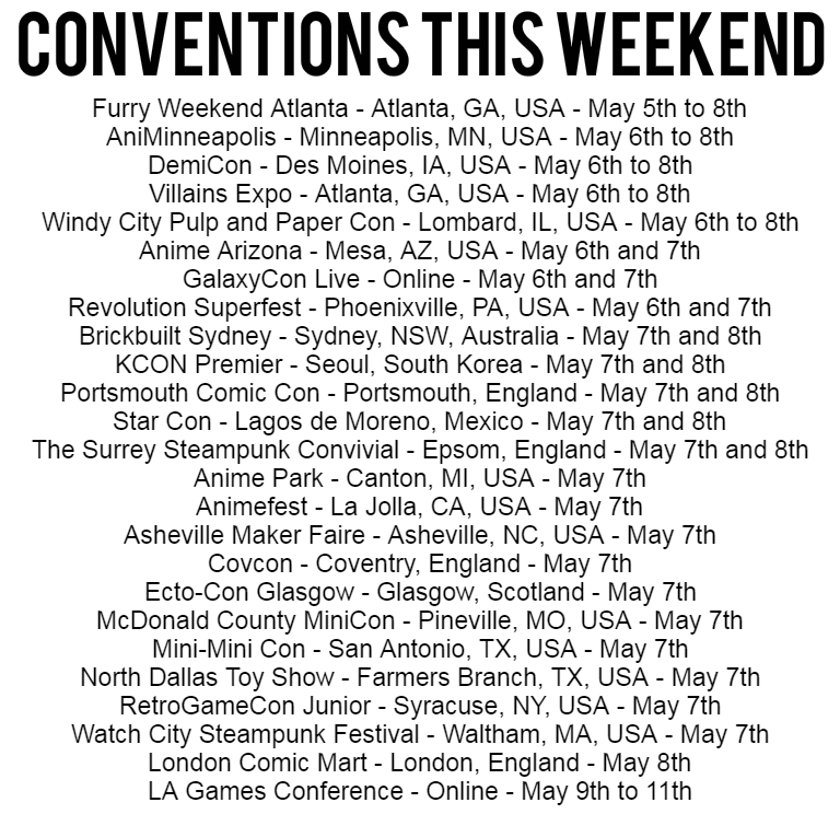 GlobalFanCons's tweet photo. 25 Conventions this weekend (2 Virtual & 23 Physical) 🇺🇸🌐🇦🇺🇰🇷🏴🇲🇽🏴
What will you be attending? #FWA2022 #DemiCon #KCON2022Premiere #AnimePark2022 #Animefest2022 #miniminicon #LAGC2022 (1/3) https://t.co/MqbFWJBweN