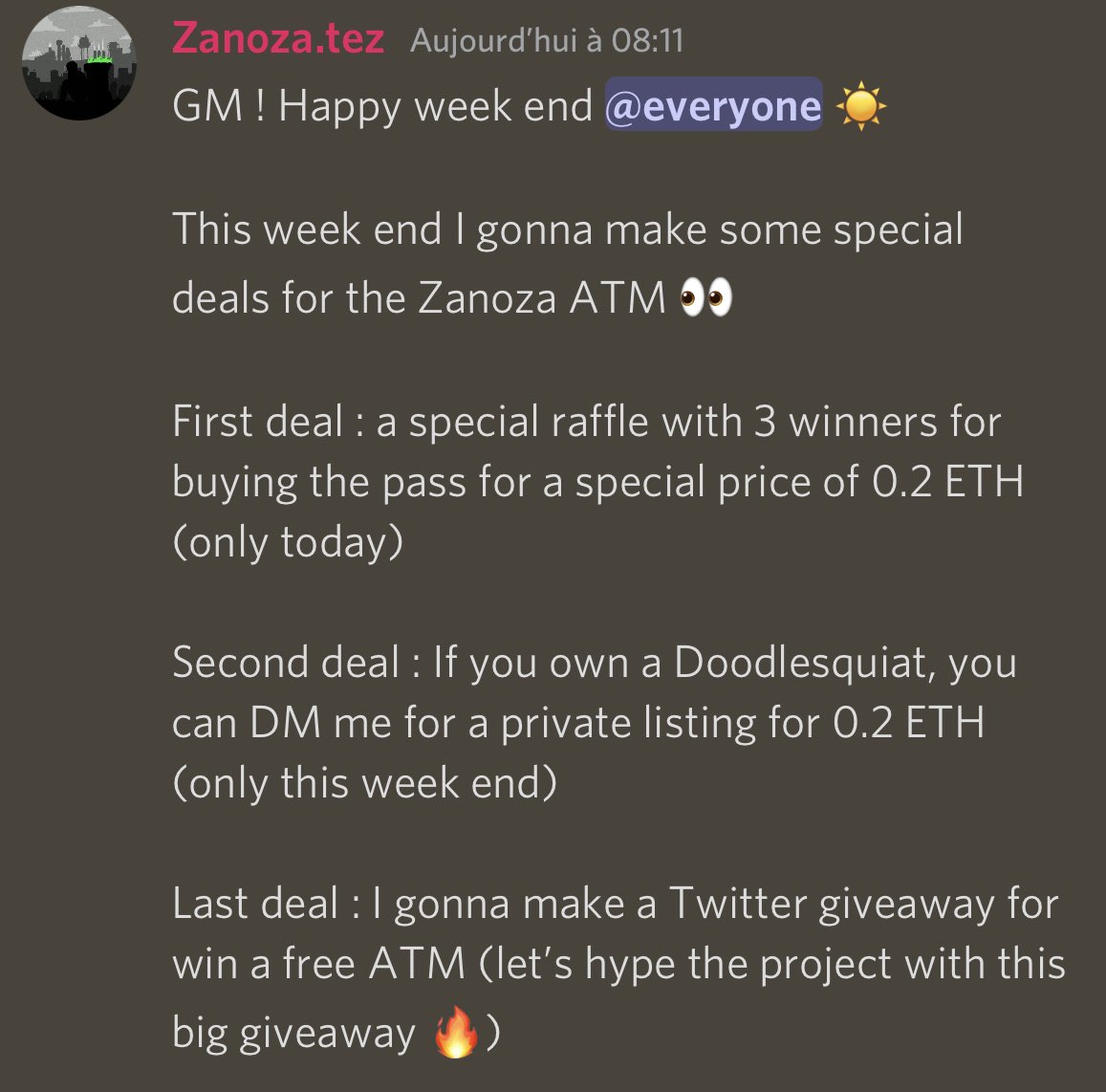 ᴢᴀɴᴏᴢᴀ 🟢 (@zanozaclub) on Twitter photo ❤️🔥 HAPPY WEEK END ❤️🔥
3 hot deals for the ATM utility token this week-end :
- Raffle with 3 winners for a private listing at 0.2 $eth (in our Discord)
- Special price for my <a href="/Doodlesquiat/">𝐃𝐨𝐨𝐝𝐥𝐞𝐬𝐪𝐮𝐢𝐚𝐭</a> owners, 0.2 $eth per ATM (DM me)
- Twitter giveaway for a free ATM this evening
LFG 🔥 ❤️🔥 HAPPY WEEK END ❤️🔥
3 hot deals for the ATM utility token this week-end :
- Raffle with 3 winners for a private listing at 0.2 $eth (in our Discord)
- Special price for my <a href="/Doodlesquiat/">𝐃𝐨𝐨𝐝𝐥𝐞𝐬𝐪𝐮𝐢𝐚𝐭</a> owners, 0.2 $eth per ATM (DM me)
- Twitter giveaway for a free ATM this evening
LFG 🔥