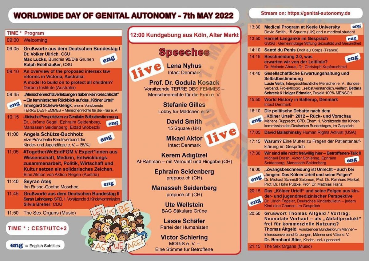 I dag er det ti år siden Køln-dommen, og det blir sending i over 12 timer fra kl. 09 her: genital-autonomy.de/?fbclid=IwAR1u…

7. mai 2012 avgjorde den regionale domstolen i Köln at ikke-terapeutisk omskjæring av en gutt som ikke var i stand til å samtykke, kvalifiserer som overgrep. #wwdoga