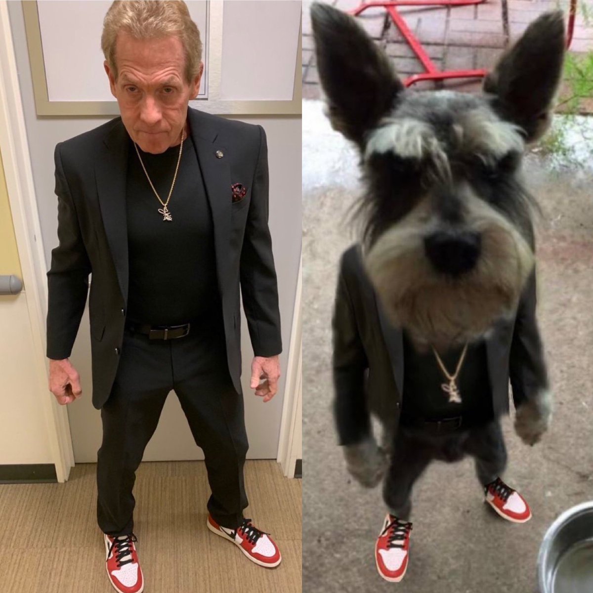 NickeyDyme's tweet photo. Who wore it better? @RealSkipBayless @undisputed @ShannonSharpe #DripBayless or #SkipBall-less https://t.co/V49X1sH0y4