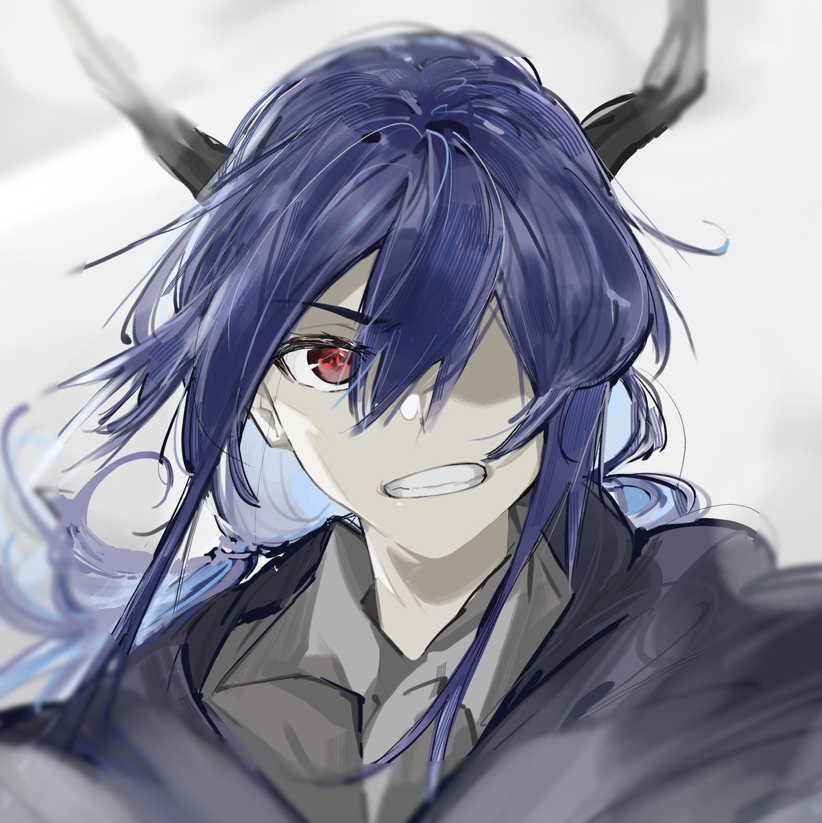 ch'en (arknights) 1girl horns solo red eyes dragon horns blue hair shirt  illustration images
