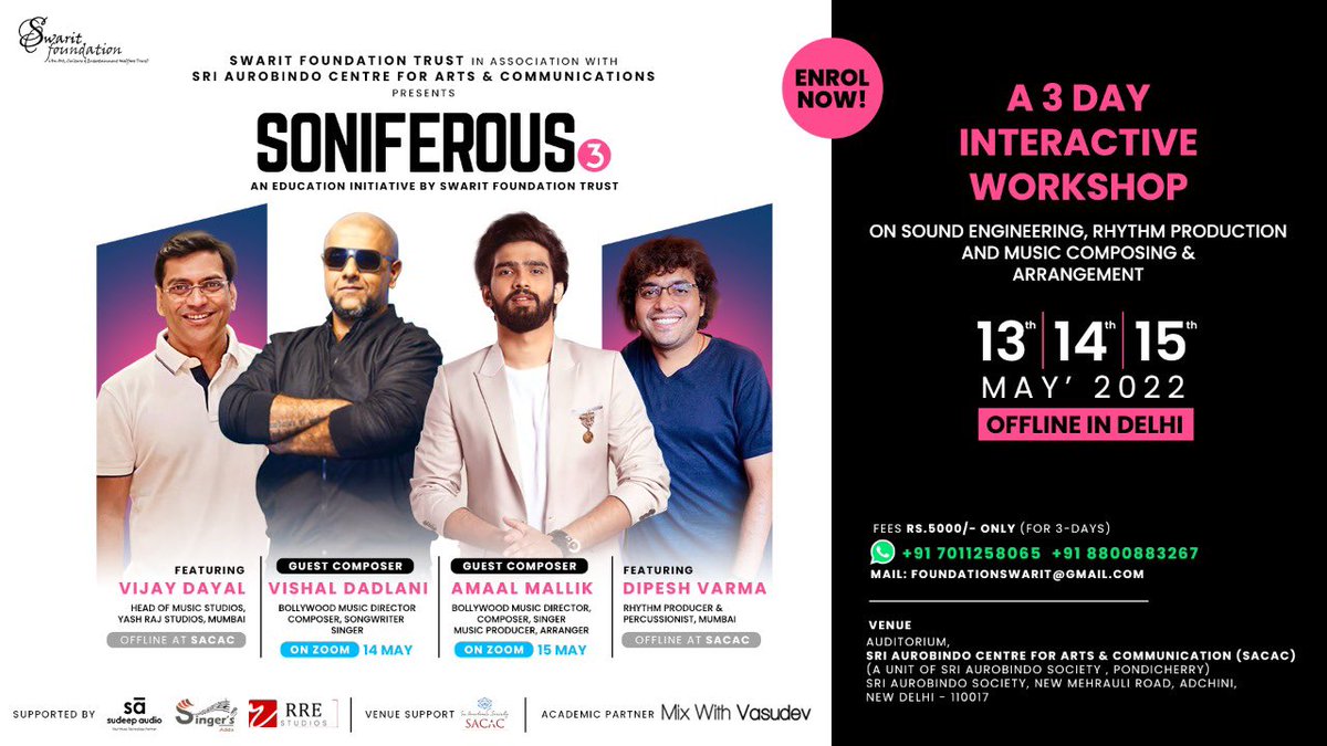 dipeshvarma's tweet photo. Soniferous 3 happening in New Delhi on 13-14-15 May. Truly an honour to have @VishalDadlani sir &amp; @AmaalMallik as guest composers who will be joining us via zoom. Enroll now..!! https://t.co/9awk73a3v7