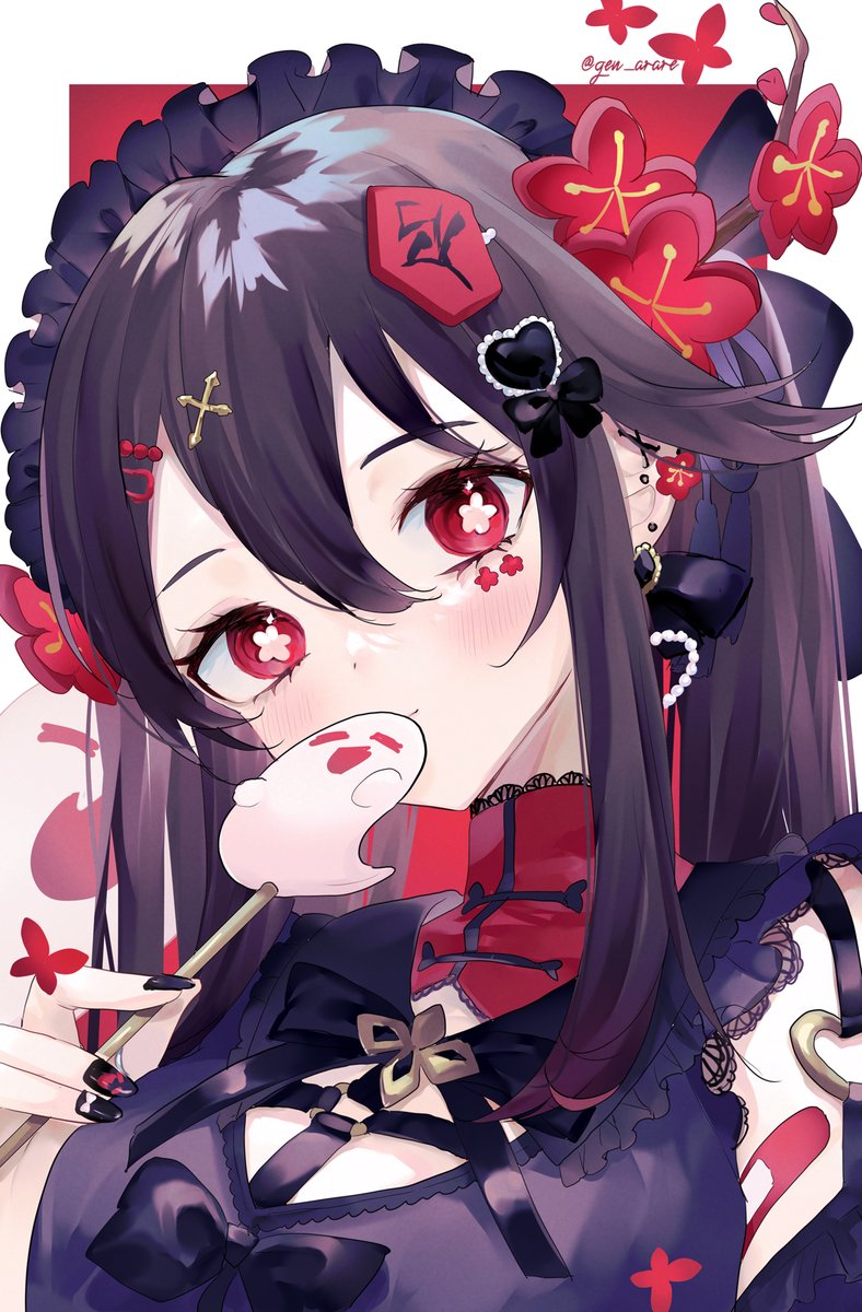 hu tao (genshin impact) 1girl black nails symbol-shaped pupils hair ornament red eyes flower-shaped pupils ghost  illustration images