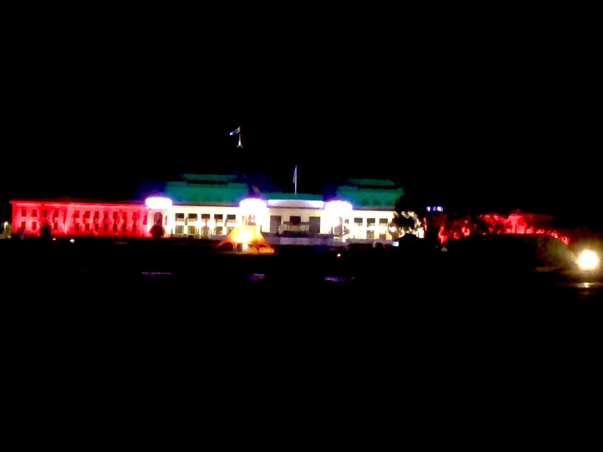 3 iconic &amp; heritage structures in Canberra: the old Australian Parliament building, the National Carillon and John Grattan building- in red and green (colors of 🇧🇩 flag) on the night of 6 May 2022; courtesy Australian government on 50 years on 🇧🇩- 🇦🇺 friendship.