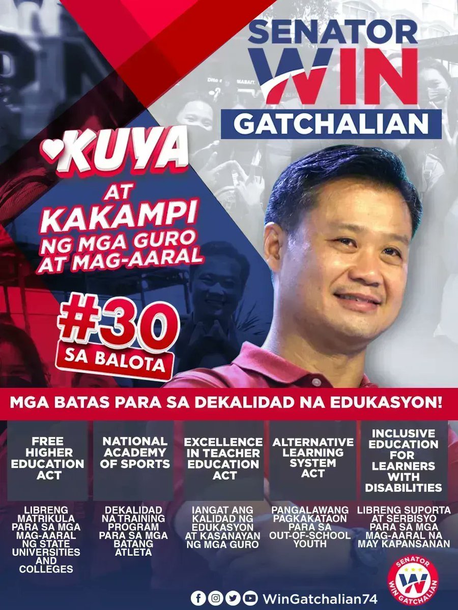 WinGatchalian74's tweet photo. Bilang chairman ng Senate Committee on Basic Education, naghain tayo ng mga batas para masiguro ang libre at dekalidad na edukasyon ng mga kabataan at mabigyan sila ng magandang kinabukasan.

#WINTayongLahat #WIN30saBALOTA https://t.co/gQdCsDq2WT