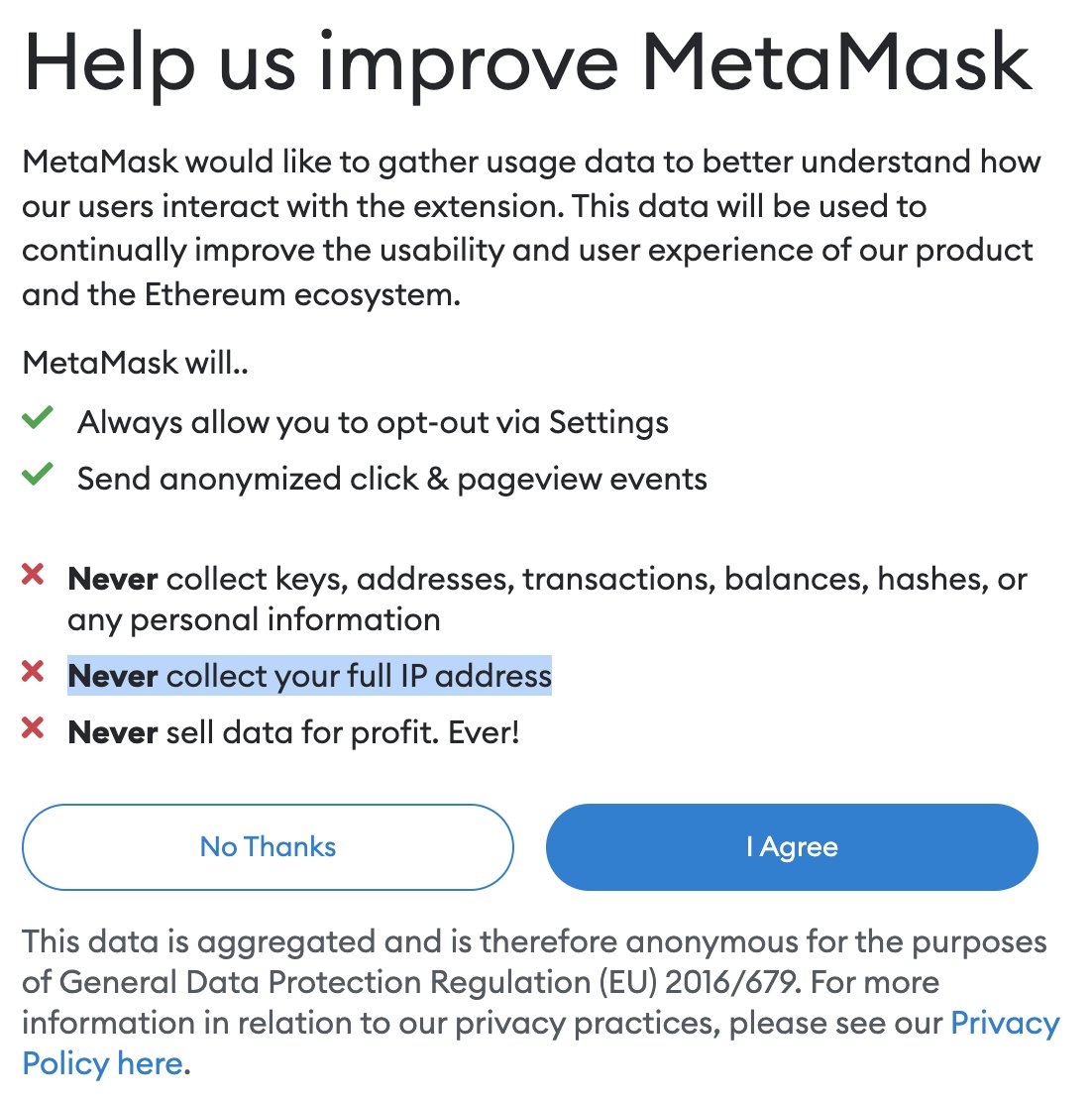 plebbitmemes's tweet photo. @MetaMask @ConsenSys Are they honoring the very first promises they make to users? Maybe, but I doubt it. Their PP allows it, but explicitly excludes Google Analytics &amp; HotJar. Under info they "will never collect" its your seed phrase... what about the IP address they promised to NEVER collect? https://t.co/w5TarC1b2c