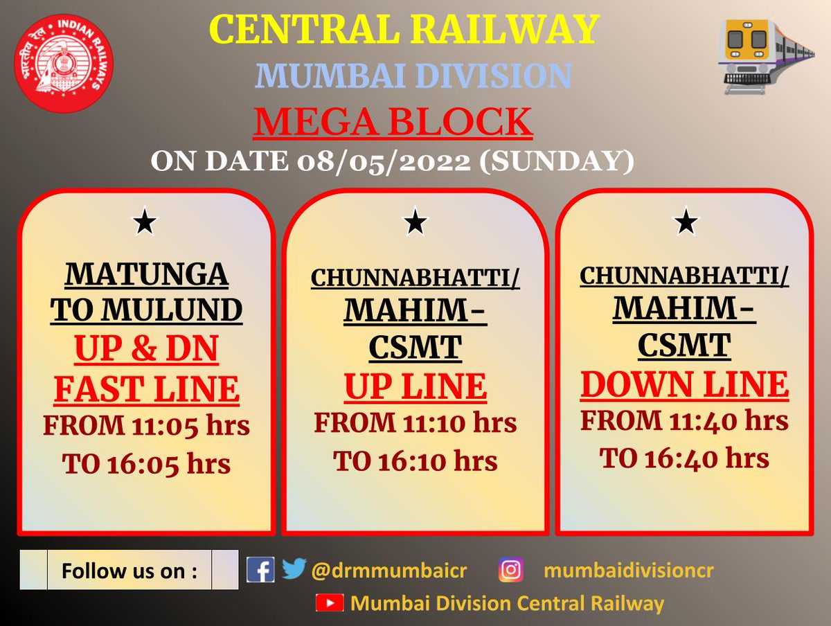 drmmumbaicr's tweet photo. #MEGA_BLOCK ON THE DATE 08/05/2022 (SUNDAY) #centralrailway #megablockupdate
@Central_Railway @YatriRailways https://t.co/B57xBZCJCI