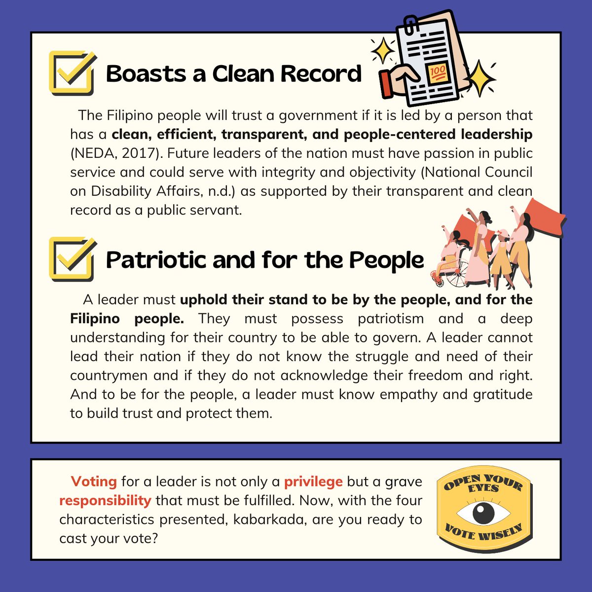 ACADDBKD's tweet photo. What makes a 𝙂𝙊𝙊𝘿 leader? 🤔

Electing the right ✅ and deserving leaders ⭐ is crucial for the country 🇵🇭 as the Philippines tries to recover from the drastic effects of the recent global pandemic. 🦠 https://t.co/dgP5fQa2j5