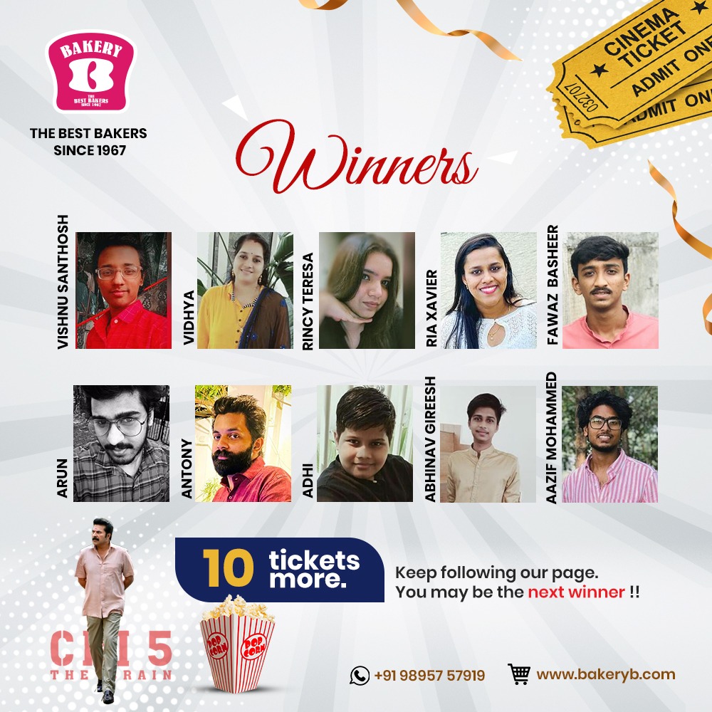 bakerybbestbake's tweet photo. Here are the next 10 lucky ticket winners for the superstar movie CBI 5: THE BRAIN. We have 10 more tickets left and the winners will be announced in the coming days.
https://t.co/uY4Y2s7p8R | 7025088888
.
.
#BakeryB #BestBakers #CBI5 #CBI5TheBrain #Mammootty #FreeMovieTickets https://t.co/Y62ta1nqYq