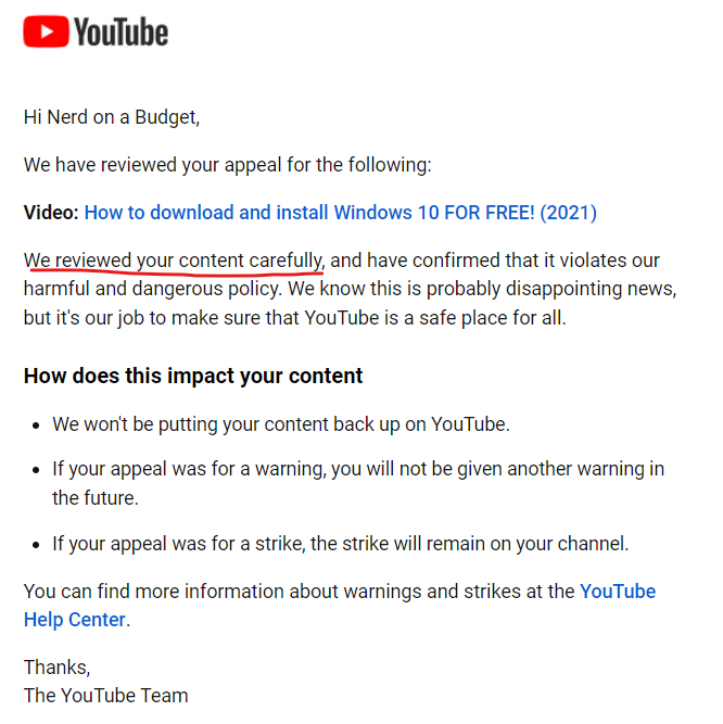 nerdonabudget's tweet photo. I refuse to believe that my content was reviewed carefully or manually at all by @TeamYouTube @YouTubeCreators. Not only was one of my successful videos taken completely off the platform, it burned my one and only warning and now I'm vulnerable to strikes. Anyone able to help? https://t.co/1Q73gsEgU4