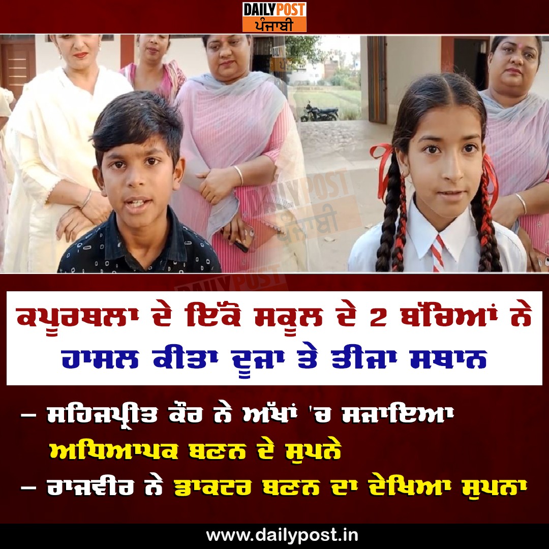 dailypostpunjab's tweet photo. ਕਪੂਰਥਲਾ ਦੇ ਇੱਕੋ ਸਕੂਲ ਦੇ 2 ਬੱਚਿਆਂ ਨੇ ਹਾਸਲ ਕੀਤਾ ਦੂਜਾ ਤੇ ਤੀਜਾ ਸਥਾਨ
#Kapurthala #Punjab #PSEBBorad #Eaxm2022 #5thStd #ResultOut #3Students #Toppers Daily Post Punjabi https://t.co/QCubr8FZbu
