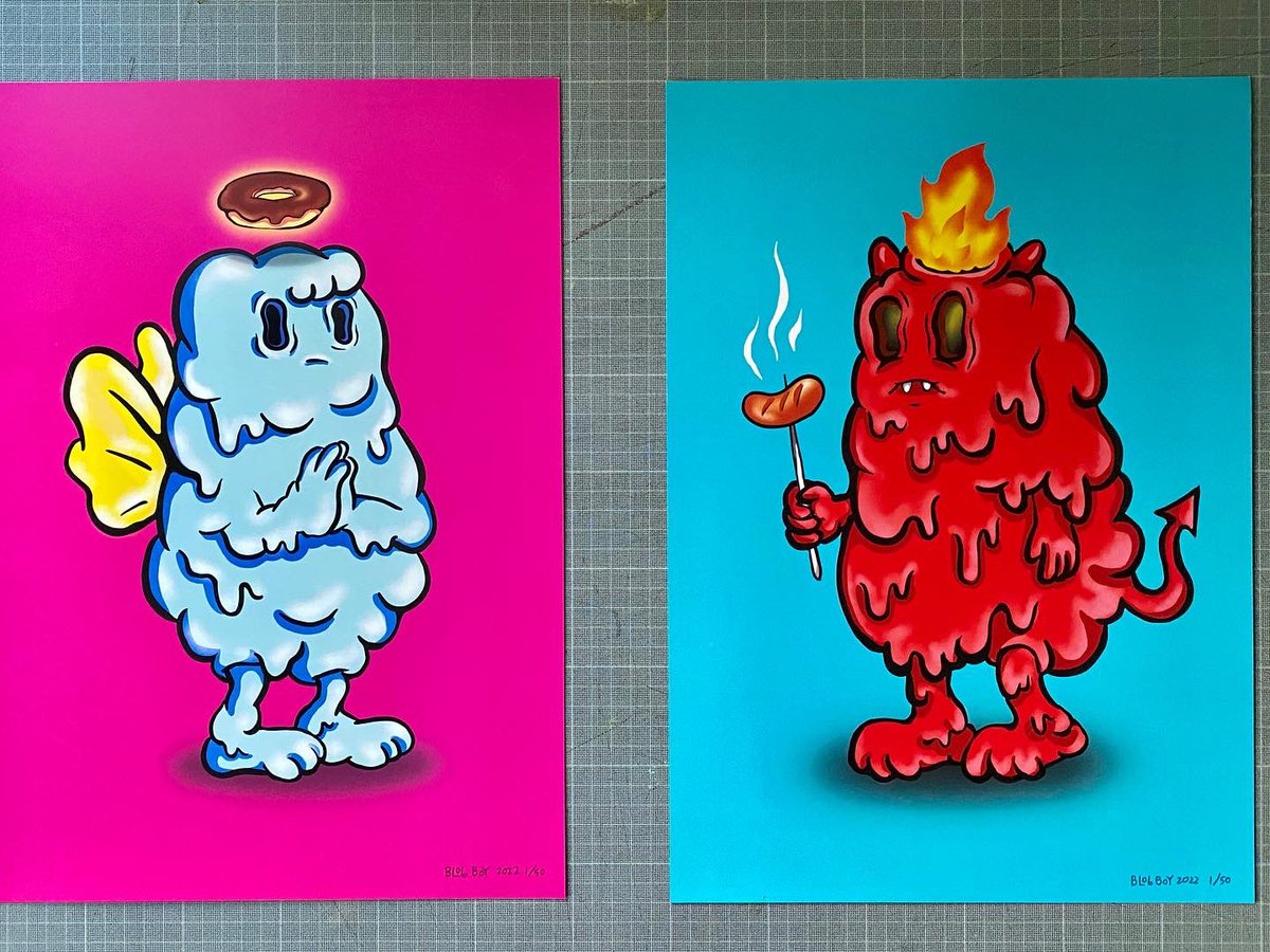 blob_friend's tweet photo. Some of Blob boy’s original paintings and prints still available at the event. I’ll be here til tomorrow night. See you at @MangoArtFest #mangoartfest #blobboy https://t.co/J2bfF16lCm