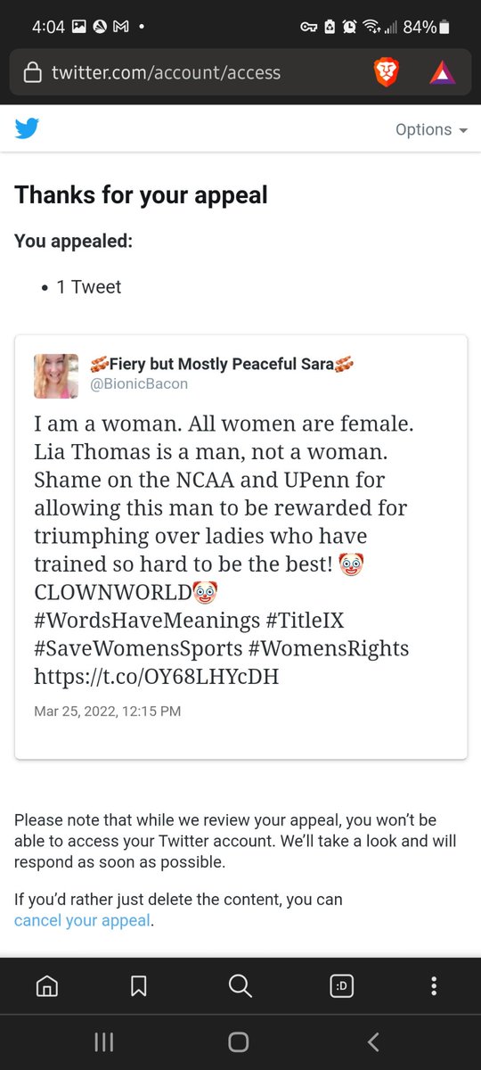 BionicBacon's tweet photo. Wow. I won my appeal (once they finally told me what tweet got me suspended)! Crazy. https://t.co/4MzJ8tYyGA