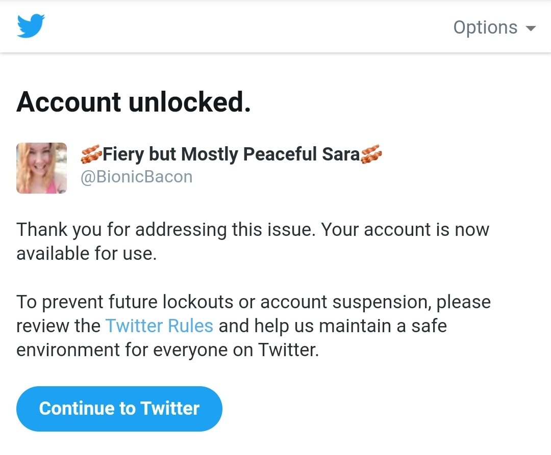 BionicBacon's tweet photo. Wow. I won my appeal (once they finally told me what tweet got me suspended)! Crazy. https://t.co/4MzJ8tYyGA