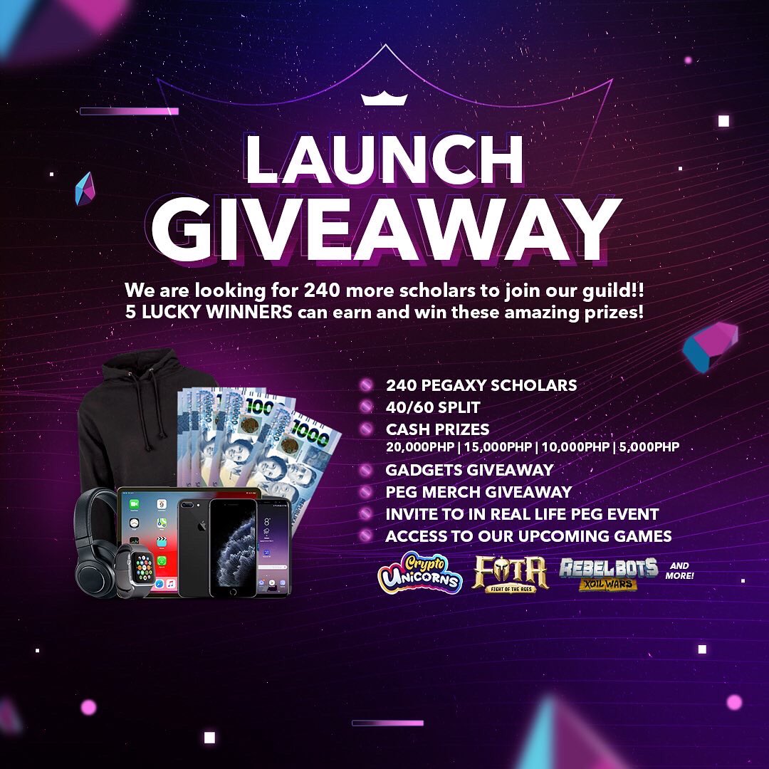 PEG_Official's tweet photo. GIVEAWAY LAUNCH ALERT ‼️‼️

We are looking for 240 PEGAXY Scholars to join our guild and get the chance to win these amazing prizes!! 💵 🎧 📱

Swipe left to see the Mechanics and make sure follow all the Instructions!! JOIN PEG NOW! 👾👑 #PEGOfficial  #NFT #cryptocurrency https://t.co/wkCNGcvKf4