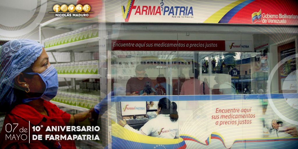 NicolasMaduro's tweet photo. Felicitaciones al gran equipo de la red de farmacias populares, Farmapatria. Son 10 años desplegados en todo el territorio nacional, garantizando el acceso de medicamentos a las familias. Una hermosa labor que demuestra nuestro compromiso con el derecho a la salud. https://t.co/5451lQ71WE