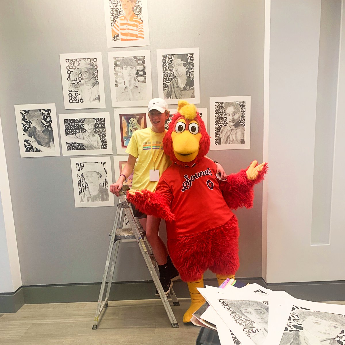 MontgomeryBell's tweet photo. Booster, the (former?) mascot for the @NashvilleSounds, is now supporting the MBA art program. We're trying to tell him that next week's junior school art show is no place for a t-shirt cannon. #howrumorsgetstarted https://t.co/IaXbelvLco