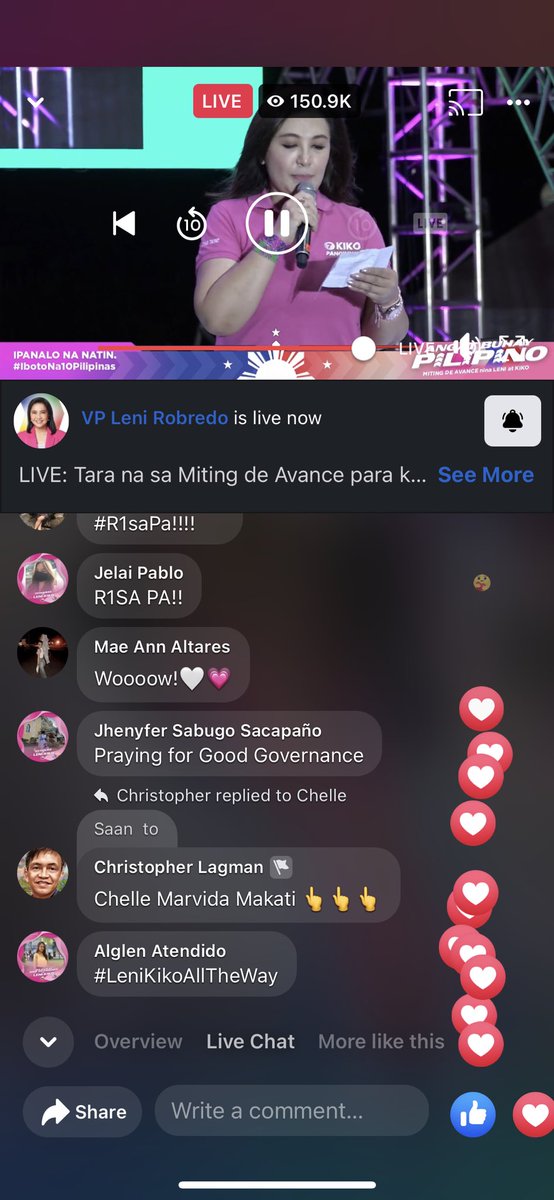 _drewable's tweet photo. Grabe ang reach ng Miting De Avance ni VP Leni!Almost 255k watching online plus 450k (as of 6:30pm) in #MakatiIsPink Almost 705k din yun! #Ipana7oNa10ParaSaLahat https://t.co/Tj0HsuUWkT